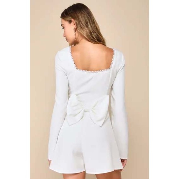 Lulus Pants - Lulus Aesthetic White Pearl Bow Long‎ Sleeve Romper Medium